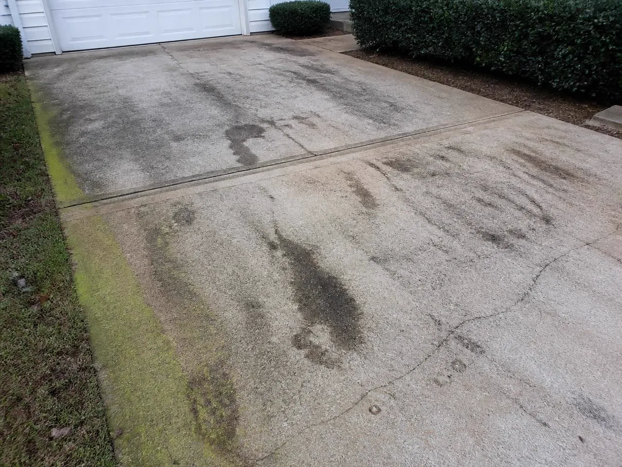 Residential concrete driveway with black mildew streaks, oil stains and algae